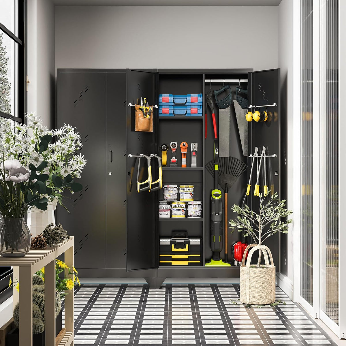 71" Metal Garage Tools Storage Cabinet with Doors and Shelves, Broom Tool Storage Filing Cabinets with Lock, Black Cleaning Supplies Organization Cabinet with Hanging Rod