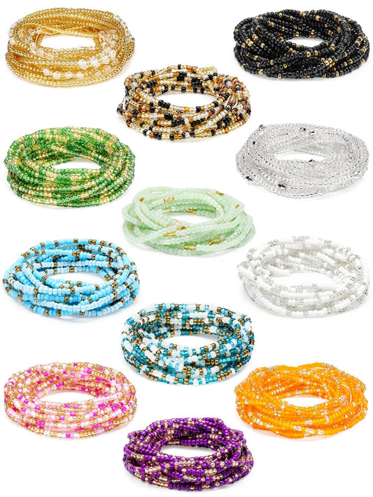 Fumete 12 Pcs Waist Beads Set Handmade African Belly Beads Chain Plus Size Body Jewelry Non Stretching Belly Chain for Women(Vintage,50 Inch)