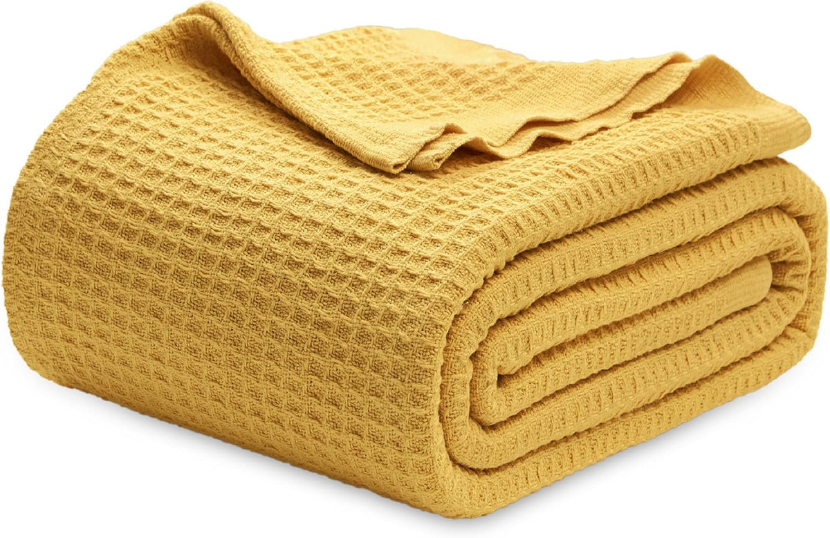 Bedsure 100% Cotton Blanket Queen Size for Bed - Breathable and Soft, Waffle Weave Blanket for Summer, Thick Cozy Fall Blankets for Women Gift, Mustard Yellow, 90x90 Inches