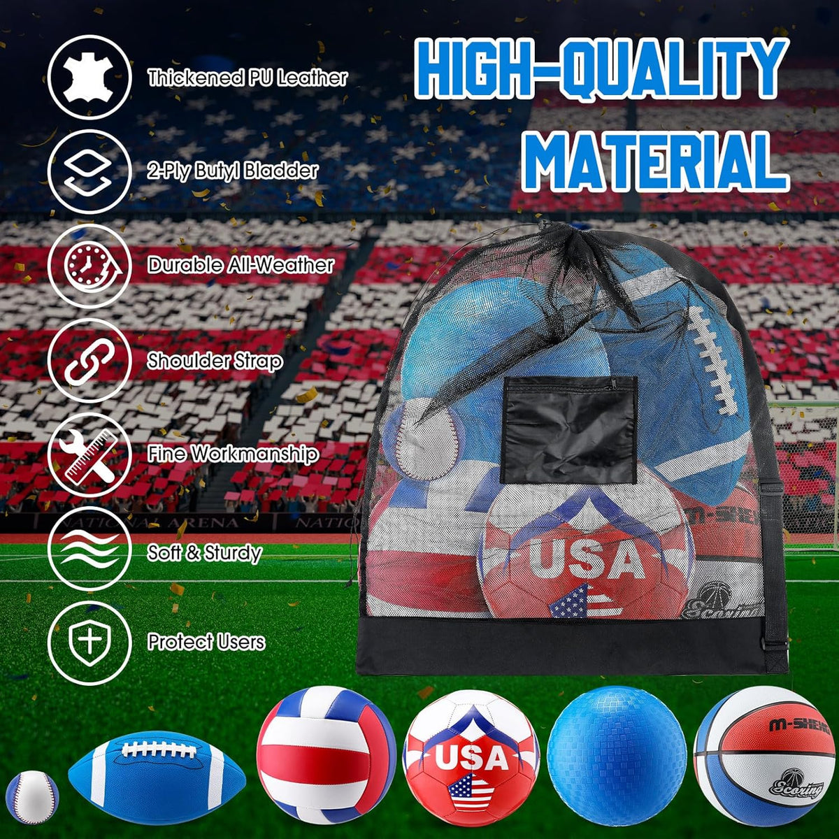 6 Pcs Multi Sport Ball Set Official Size Football, Basketball, Soccer, Volleyball, Playground Ball, Baseball with Equipment Bag Pump for Teen Adult Sport Gift Back to School