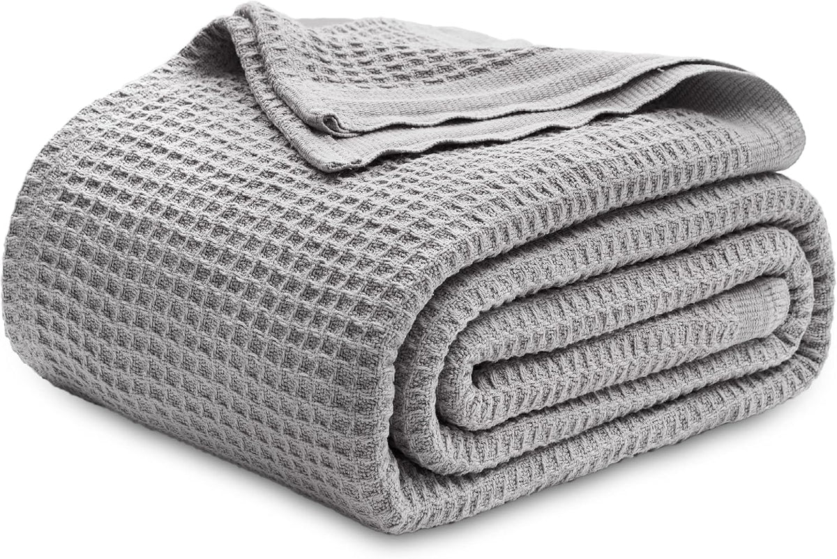 Bedsure 100% Cotton Blanket Queen Size for Bed - Breathable and Soft, Waffle Weave Blanket for Summer, Thick Cozy Fall Blankets for Women Gift, Grey, 90x90 Inches