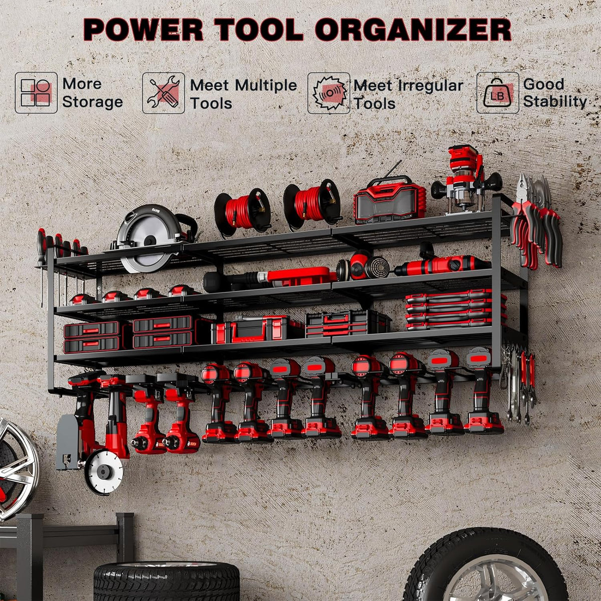 48" Large Power Tools Organizer Wall Mount,12 Drill Holder for Garage, Workshop Heavy Duty Storage Rack