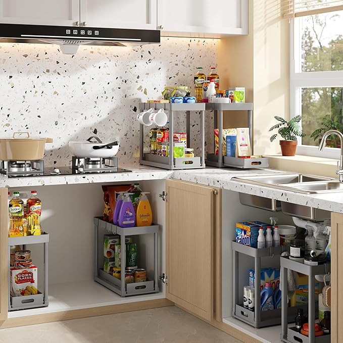 2PC Under Sink Organizer Rack 2 Tier Under Sliding Cabinet Basket Organizer Drawer with 4 Hooks, Multi-purpose Under Sink Storage for Bathroom Kitchen Desktop（Grey）