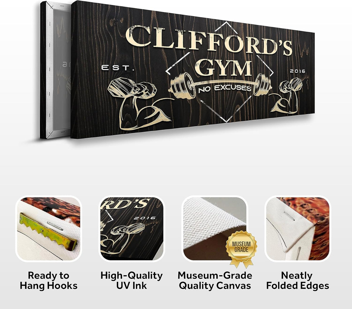 Tailored Canvases Personalized Gym Sign Wall Art Decor - Motivational Canvas for Home Gym, Workout Room, Garage, Fitness Center - Workout Inspirational Posters - Gym Name on Wooden Background, 48x16in