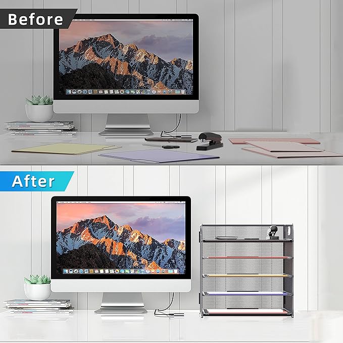 Supeasy 5 Trays Paper Organizer Letter Tray with Handle-Mesh Desk File Organizer, Grey Paper Sorter Desk Organizer for Office, Home or School