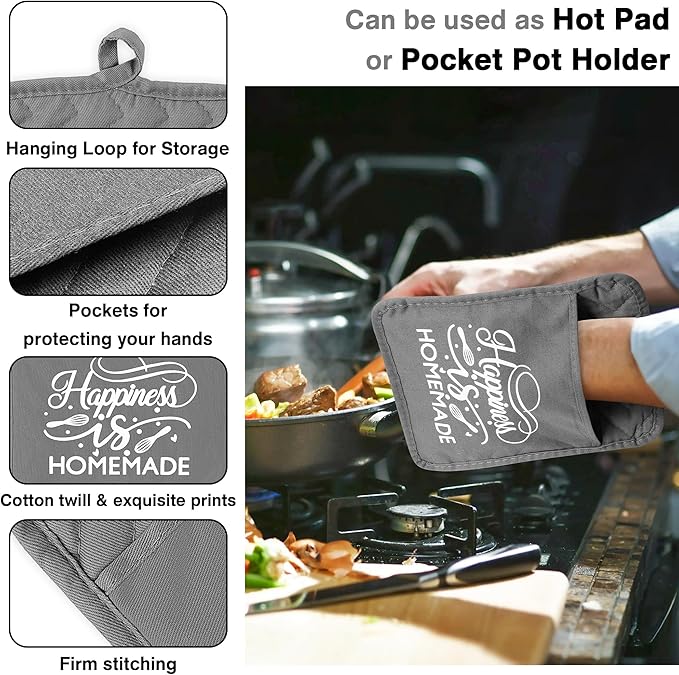 GROBRO7 6Pcs Cotton Oven Mitts and Pot Holders Set Happiness is Homemade Heat Resistant Hot Pad Machine Washable Microwave Gloves with Hanging Loop Pocket Potholder for Kitchen Baking Cooking Grilling