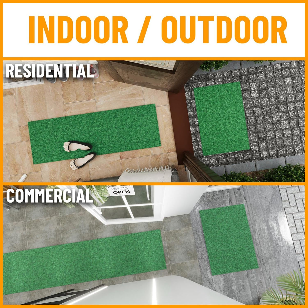 Ottomanson 2'7" x 14' Hallway Runner with Scraper Pile - Extra Durable Non-Slip Rug Mat for Indoor & Outdoor Use - Ideal for Kitchen, Entryway & Garage - High-Traffic Carpet, Green