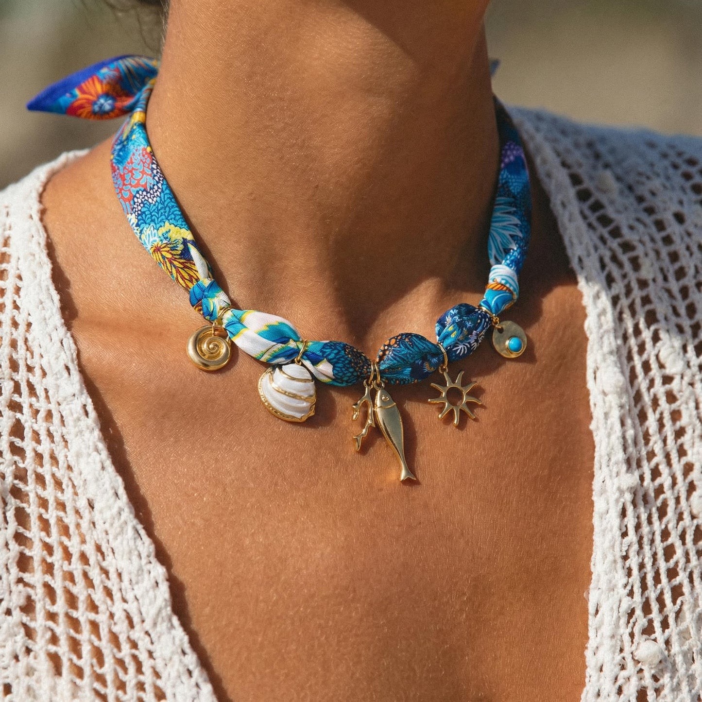 CLASSYZINT Scarf Necklace with Fish Conch Sun Charm Necklace Ocean Theme Choker Necklace Beach Vacation Party Holiday Jewelry