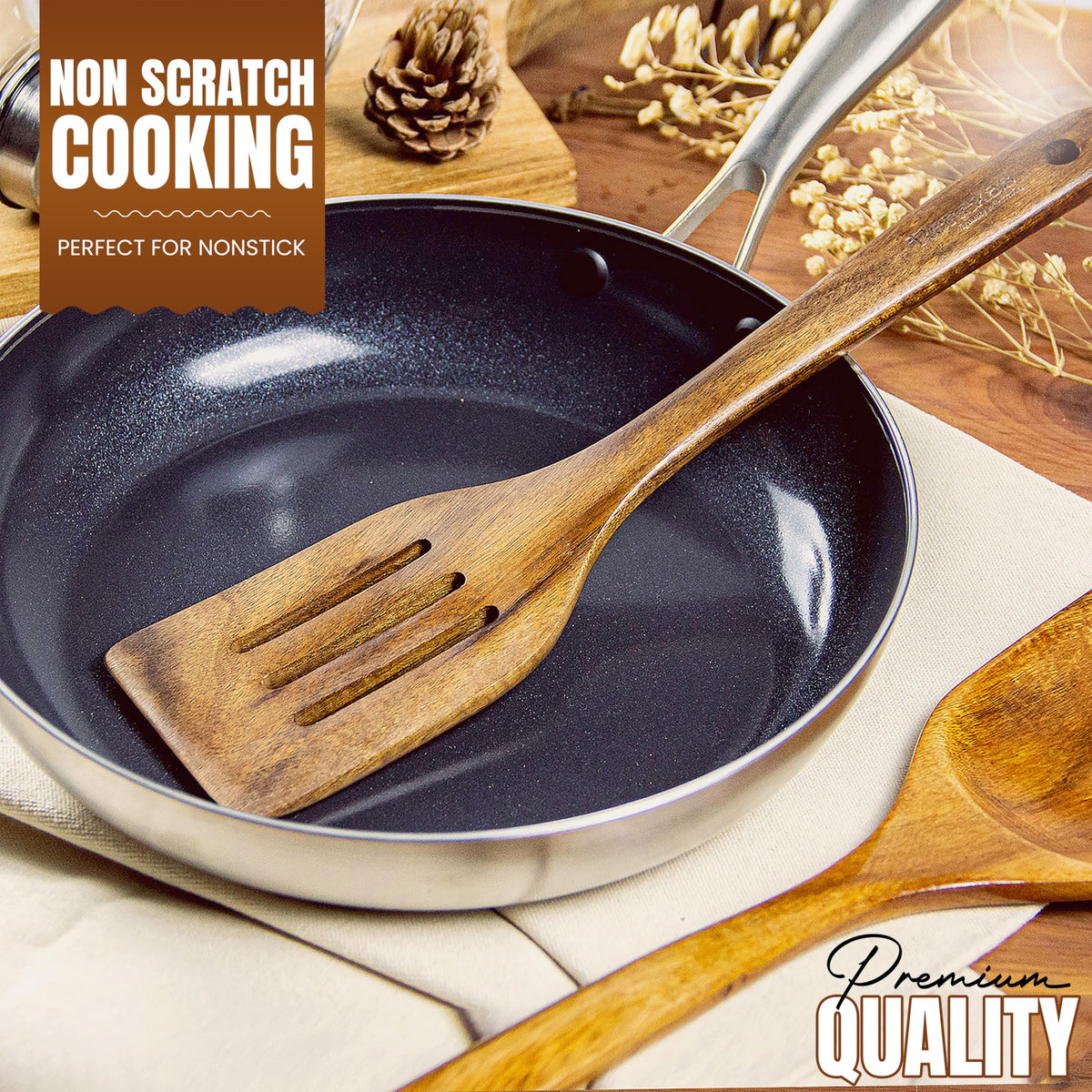 Renexas 12 Pcs Teak Wooden Spoons for Cooking– Non-Toxic, Non-Stick Kitchen Utensils Set Wood Spatulas with Hooks, Spoon Rest & Holder – Lightweight, Heat Resistant, Eco-Friendly.