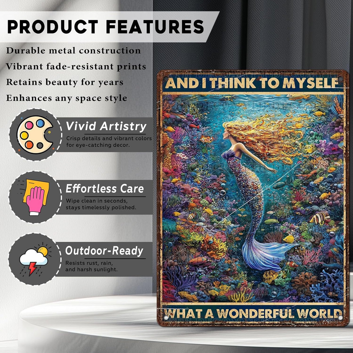 Retro Mermaid Tin Sign And I Think to Myself What a Wonderful World Vintage Metal Poster Funny Wall Art Toilet Bathroom Man Cave Bar Cafe Indoor Room Garage 12 * 16inch
