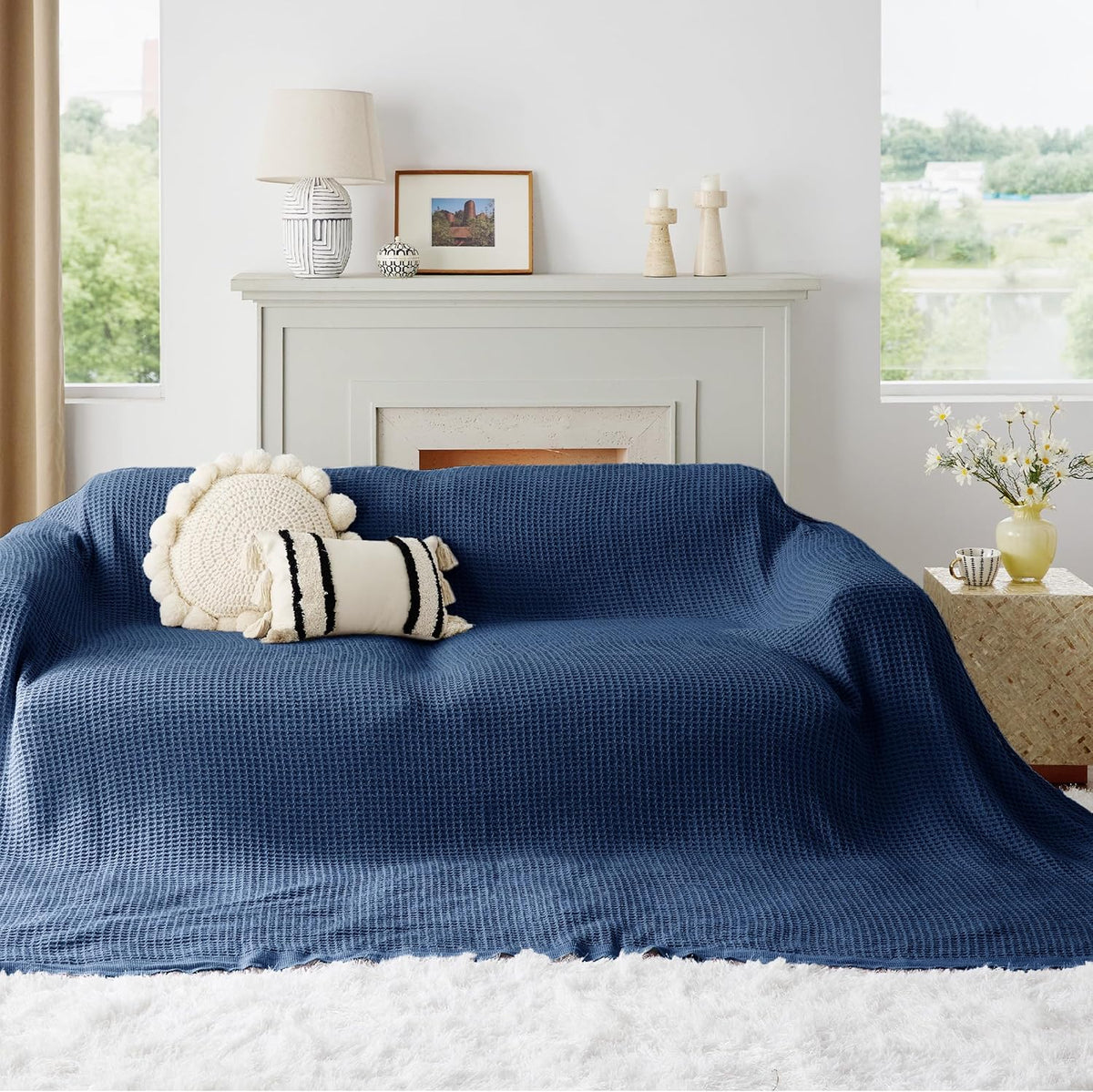 Bedsure 100% Cotton Large Blanket Oversized King for Bed - Breathable Thick Waffle Weave Blanket for Summer, Couch Cover, Navy, 120x94 inches