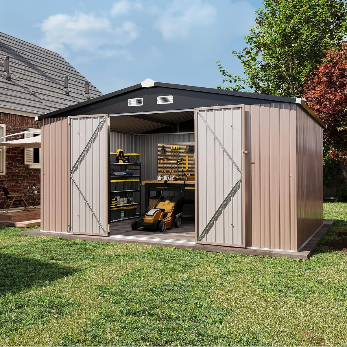 Aoxun 12x10 FT Shed Outdoor Storage Shed with Spacious Doors, Large Shed Steel Utility Tool Shed Storage House with Door & Lock, Metal Sheds with Sloped Roof for Garden Patio Lawn Poolside, Brown