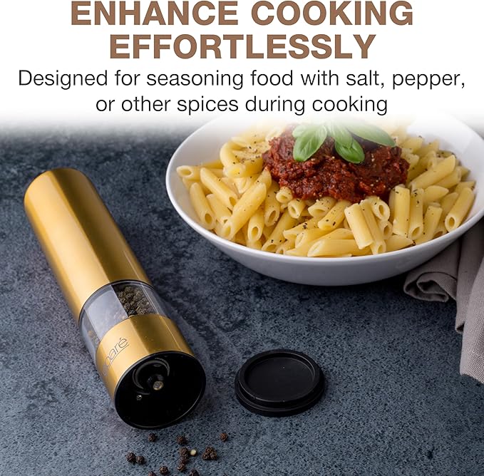 Eparé Brass Salt and Pepper Mill - Battery Operated Gold Pepper Grinder with Ceramic Burr - Automatic Steel Peppermills With LED Light - Gold or Brass Color