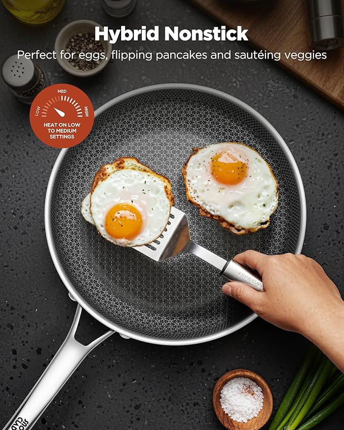 Non Stick Frying Pans, 12-inch with Lid, Hybrid Fajita Pans Nonstick,non stick Skillets Stainless Steel, Dishwasher & Oven-Safe, Induction Compatible Cooking Pan, PFOA Free Cookware
