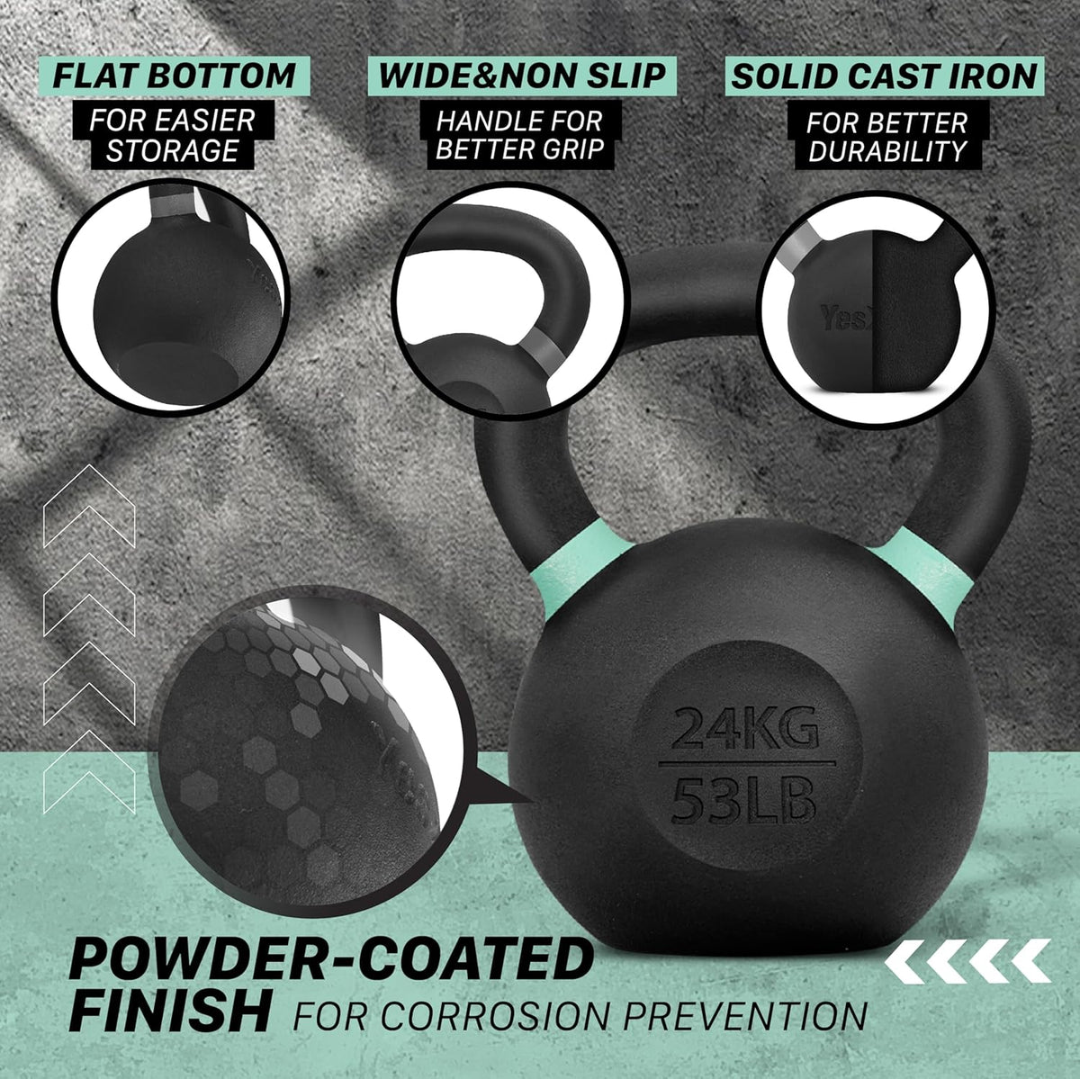 Yes4All Powder Coated Cast Iron Kettlebell Strength Training Kettlebells Weight Set for Full Body Workout, Home Gym