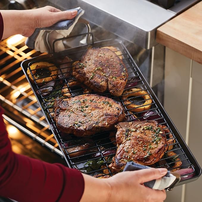 Anolon Advanced Home Hard Anodized Nonstick Double Burner Griddle/Grill Pan with Roasting Rack, 10 Inch x 18 Inch, Bronze