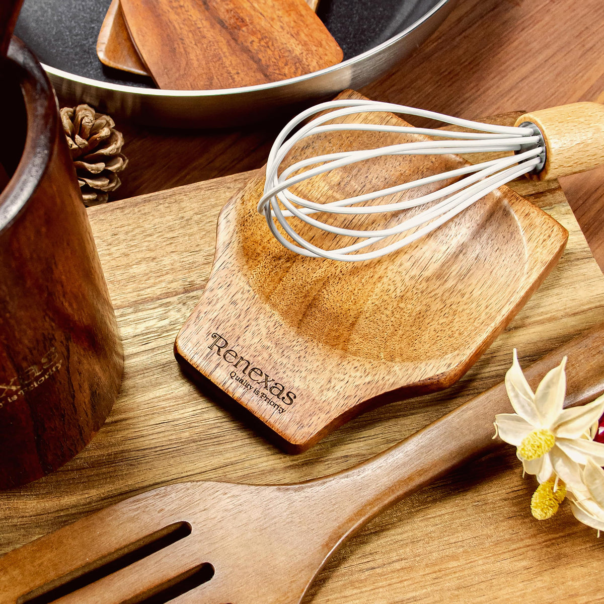 Renexas 12 Pcs Teak Wooden Spoons for Cooking– Non-Toxic, Non-Stick Kitchen Utensils Set Wood Spatulas with Hooks, Spoon Rest & Holder – Lightweight, Heat Resistant, Eco-Friendly.