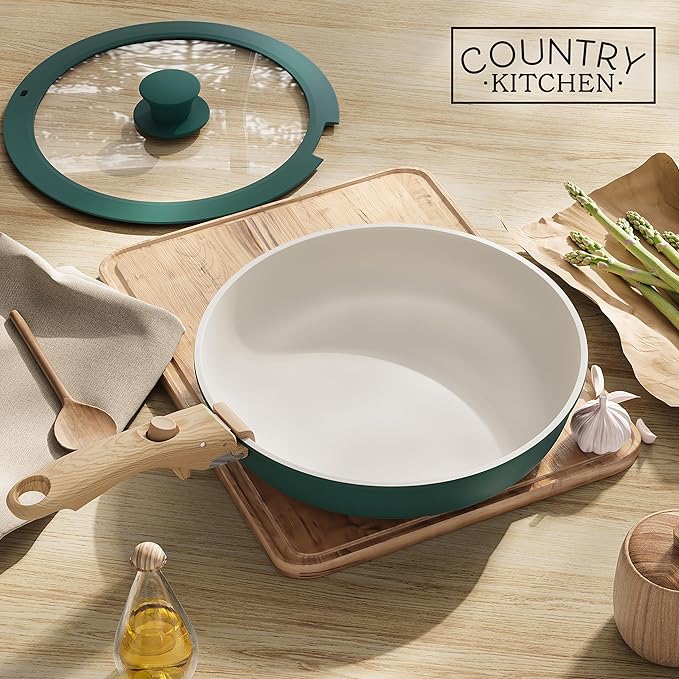 Country Kitchen Cookware Set with Removable Handle, Oven & RV Safe Pots and Pans Set, Sage Wood Handle, Original