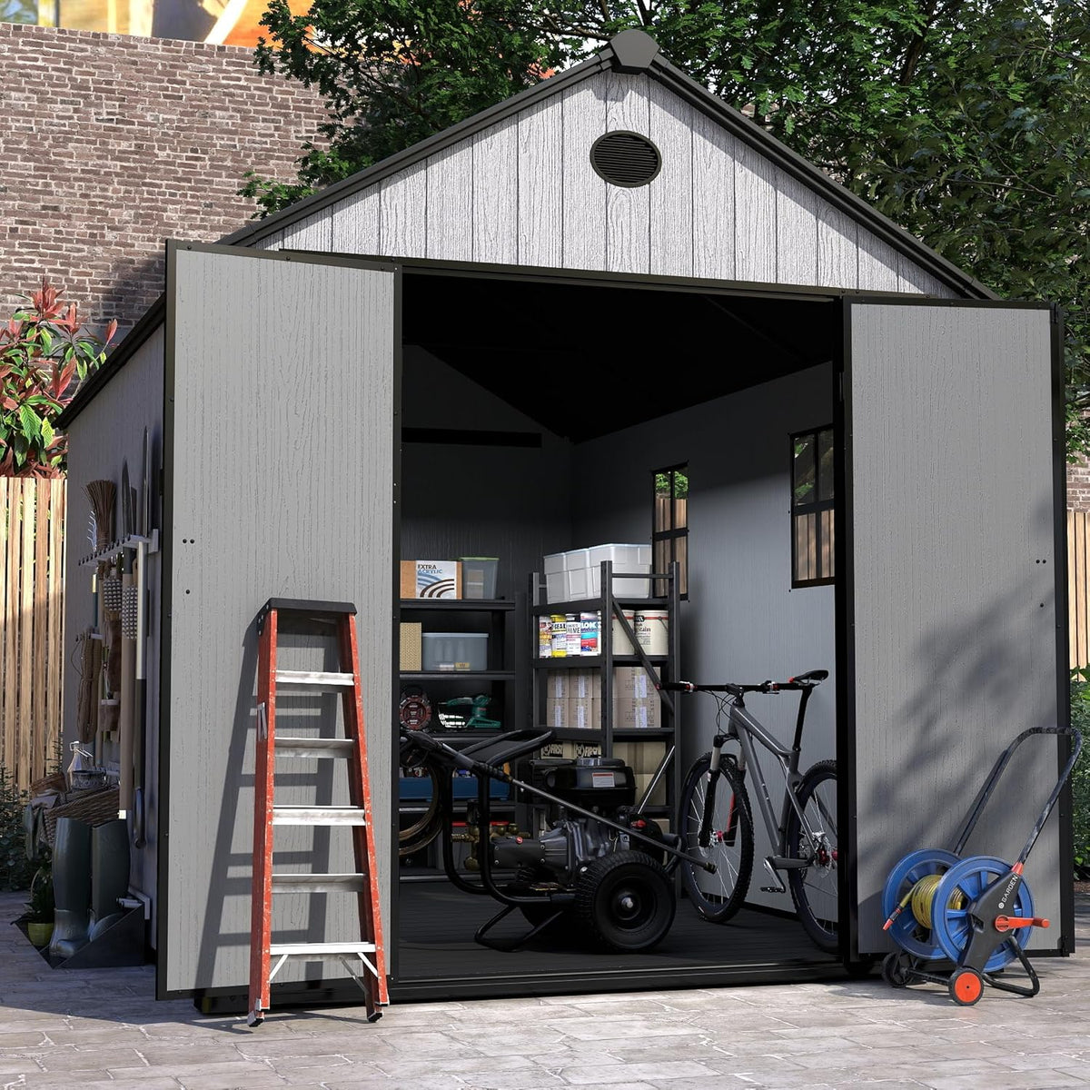 7.3x11.2 FT Resin Outdoor Storage Shed Large, 566 Cuft Garden Tool Sheds & Outdoor Storage Plastic Shed with Floor, 8FT Tall Backyard Lawn Mower Storage Shed with Side Window, Cemented Grey