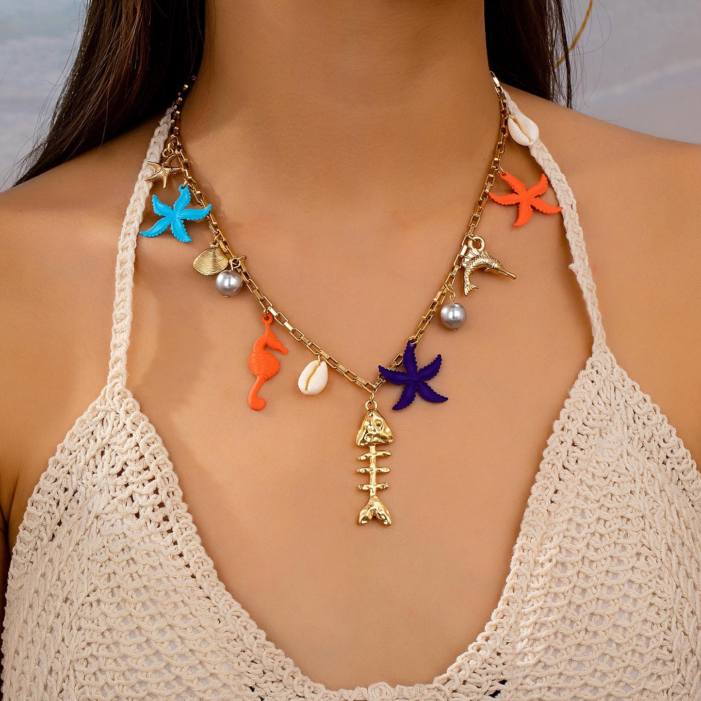 Gold Fish Charm Necklace for Women Shell Starfish Dolphin Seahorse Fishbone Pearl Seashell Pendant Necklace Fashion Trendy Chic Ocean Beach Summer Holiday Jewelry (Multicolour)
