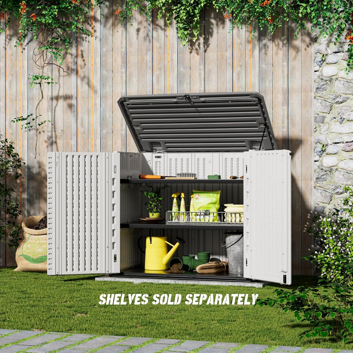 Outdoor Patio Storage Shed,Waterproof Horizontal Outdoor Storage Cabinet for Garbage Cans,Tools and Lawnmower Lockable(34 Cu.ft-Warm-White)