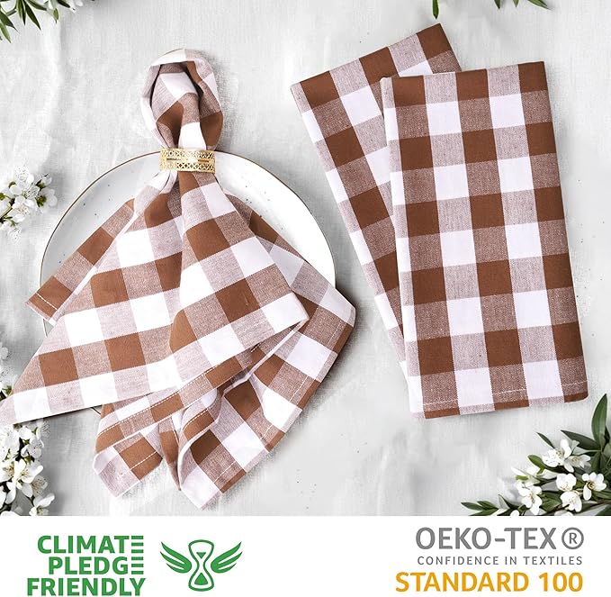 Urban Villa Cloth Napkins 100% Cotton Dinner Napkins Highly Absorbent 20x20 Inches (Set of 12) Brown White Buffalo Checks Reusable Washable Soft Durable Premium Napkins Ideal for Home Wedding Parties