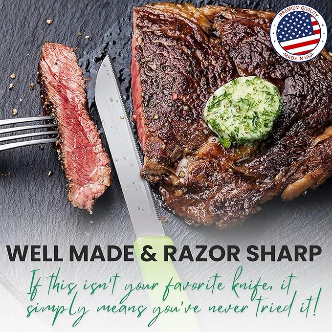 Alfi All-Purpose Knives Aerospace Precision Pointed Tip - Home And Kitchen Supplies - Serrated Steak Knives Set | Made in USA (Classic White)