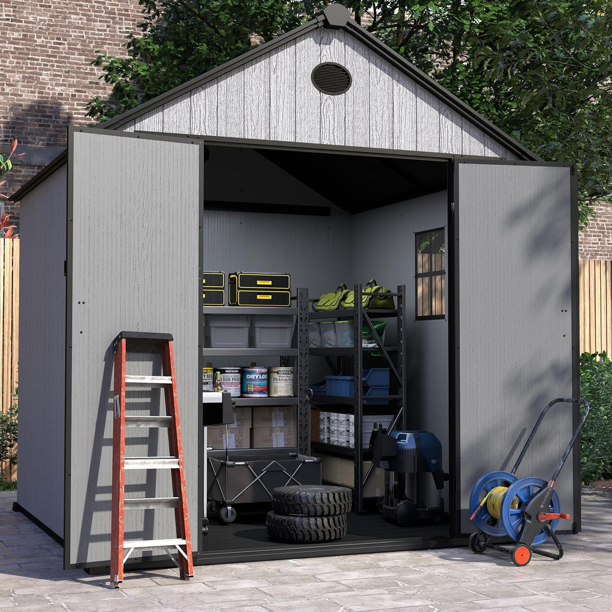 7.3x7.3 FT Resin Outdoor Storage Shed Large, 376 Cuft Garden Tool Sheds & Outdoor Storage Plastic Shed with Floor, 8FT Tall Backyard Lawn Mower Storage Shed with Side Window, Cemented Grey