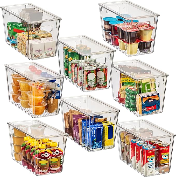 ClearSpace Modern Plastic Storage Bins with Lids Perfect Kitchen Organization or Pantry Fridge Organizer, 8 Pack, Transparent, Rectangular, 12.5" x 6" x 7", 9L Capacity, 8 Compartments