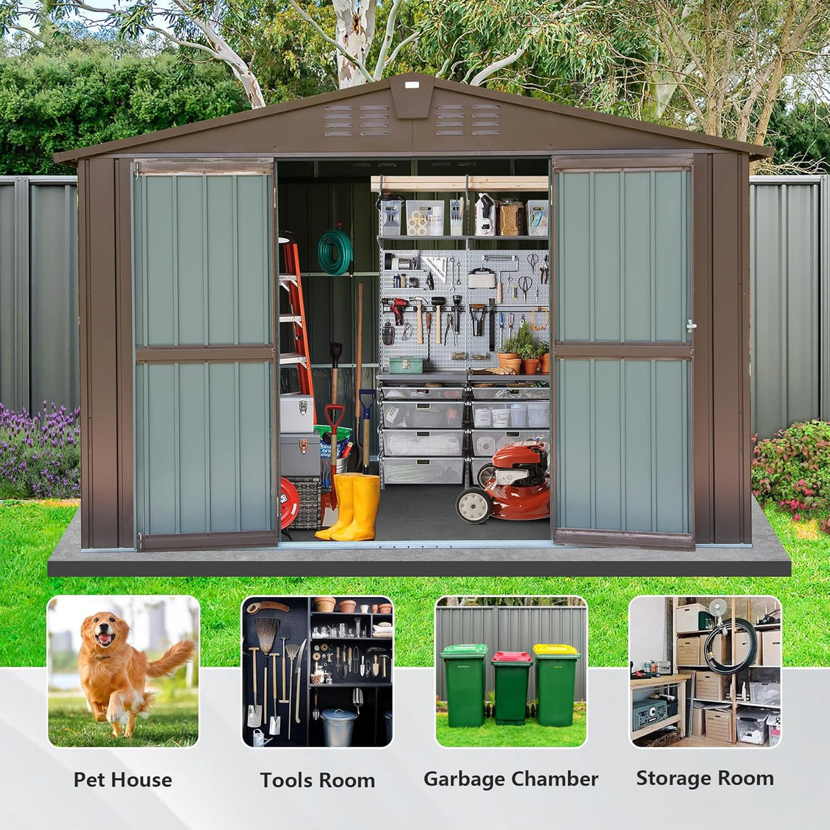 Domi Outdoor 10' x 8' Storage Shed, Metal Steel Utility Tool Shed Storage House with Double Lockable Doors & Air Vents for Backyard Patio Garden Lawn Brown