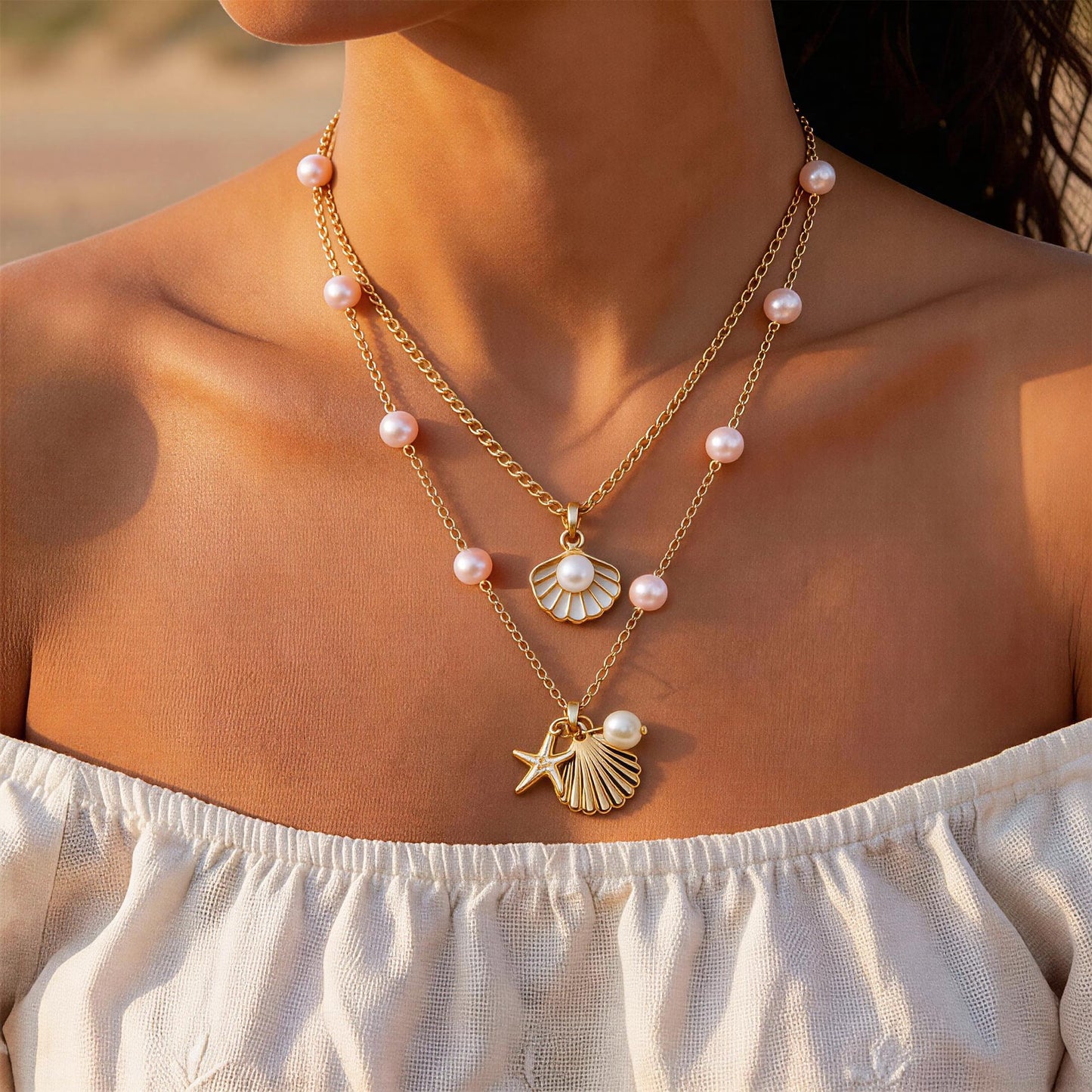KummerSaprk Seashell Necklace Summer Vacation Jewelry for Women Gold Beachy Necklace Stack Starfish Flower Cowrie Sea Shell Pendant Necklaces Summer Essentials Accessories Gifts