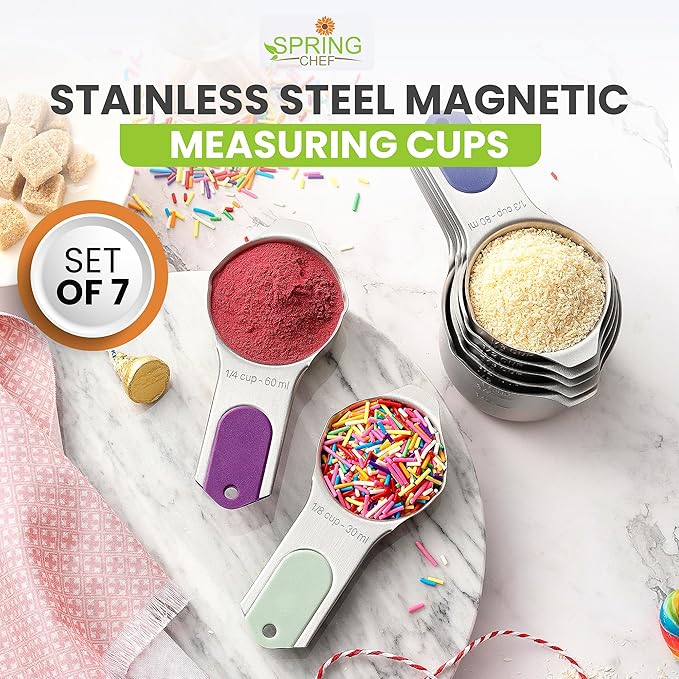 Spring Chef Magnetic Stainless Steel Measuring Cups, Patented, Kitchen Tools with Easy to Read Markings for Measuring Dry or Liquid Ingredients, Set of 7, Winter Frost