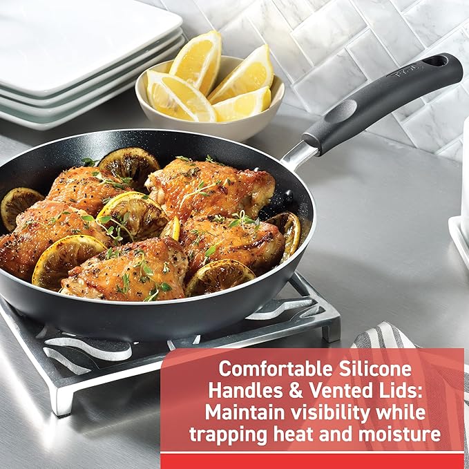 T-fal 20 piece set of Signature Nonstick Cookware with Ice Force German Stainless Steel Kitchen Knife Set and Wood Block