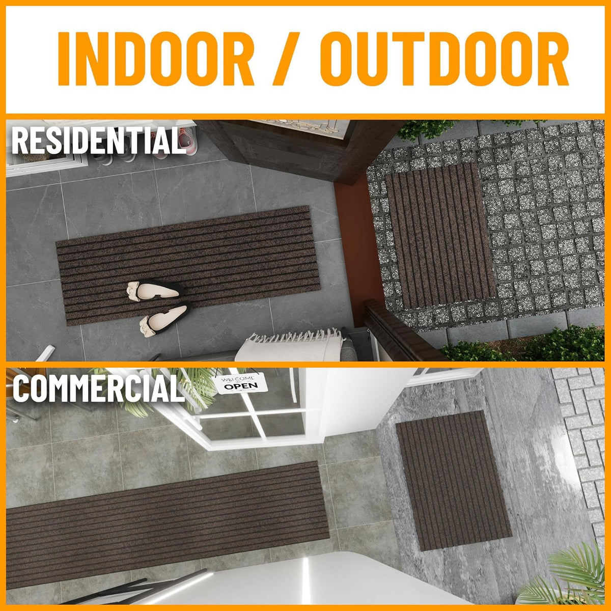 Ottomanson 2'7" x 53' Hallway Runner with Scraper Pile - Extra Durable Non-Slip Rug Mat for Indoor & Outdoor Use - Ideal for Kitchen, Entryway & Garage - High-Traffic Carpet, Brown