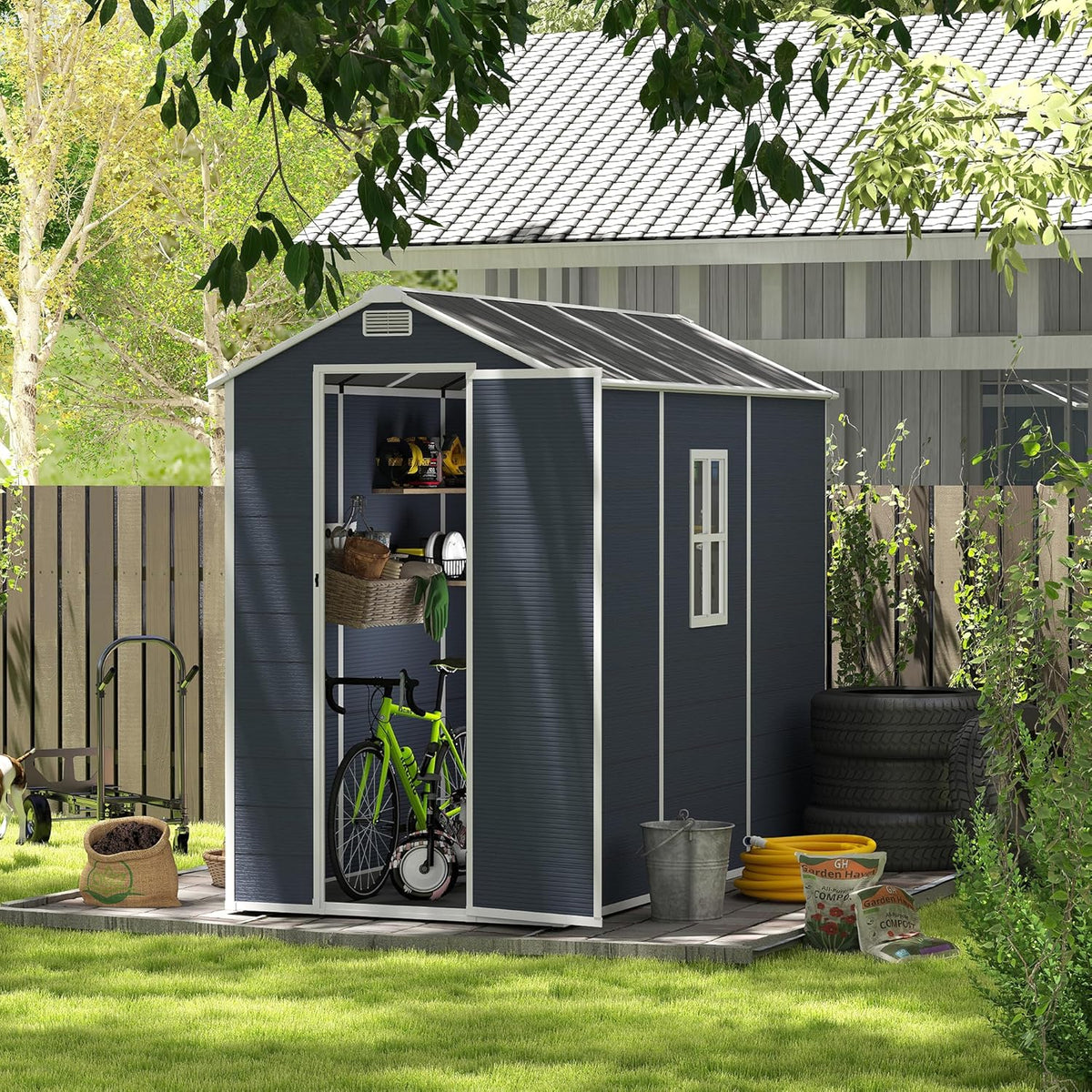 8x4 FT Outdoor Storage Resin Shed with Floor,Waterproof Plastic Garden Bike Shed with Lockable Door, Sloped Roof, Vents & Windows, Easy Assembly Tool Shed for Lawn, Backyard, Patio, Black