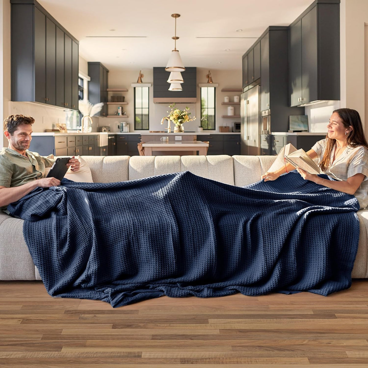 Bedsure 100% Cotton Blanket King Size for Bed - Breathable and Soft, Waffle Weave Blanket for Summer, Thick Cozy Fall Blankets for Women Gift, Pageant Blue, 104x90 inches