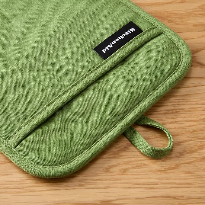 KITCHENAID Gourmet Series Gridlines Pot Holders 2-Pack Set, Heat Resistant up to 600°F, Soft Silicone Grip, Magnetic Cuff, Matcha Green, 8"x8"