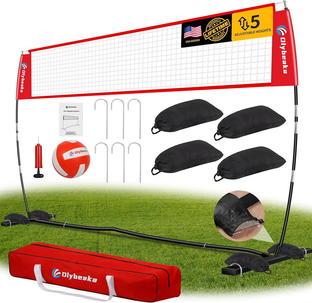 12ft/14ft Portable Volleyball Training Practice Net Set 5 Heights Adjustable for Indoor Outdoor with Tetoron Net, Freestanding Base, PU Volleyball, Carry Bag, Sandbags - Instant Set Up