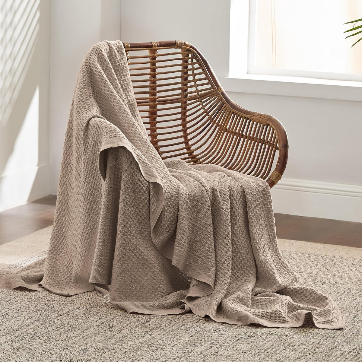 Bedsure 100% Cotton Large Throw Blanket for Couch 50x70 inches - Breathable and Soft, Waffle Weave Throw Blanket for Office, Taupe