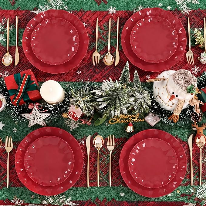 LIYH 50 Pcs Red Plastic Plates Reusable Christmas Plastic Plates Unbreakable Holiday Dinnerware Set Scalloped Plate for Christmas Day,Dishwasher Safe BPA Free (25Guests)