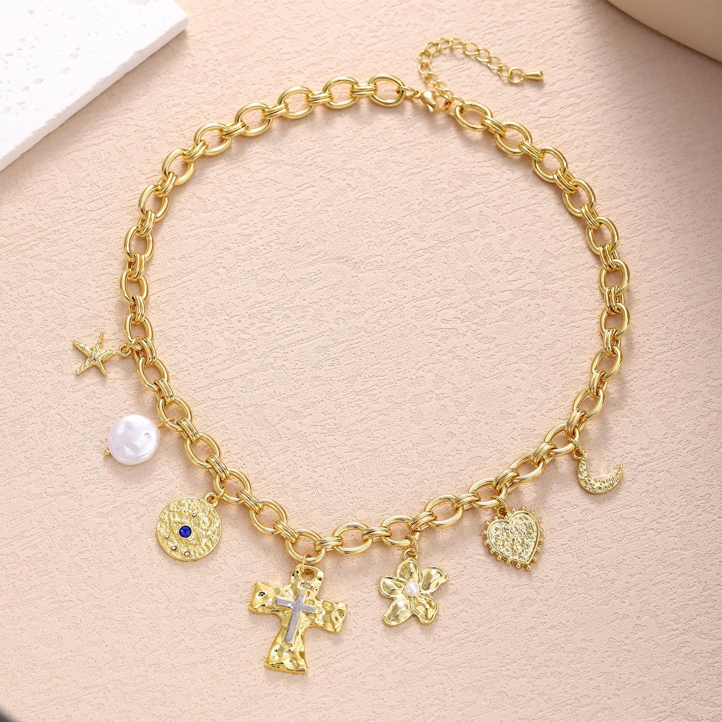 Chunky Charm Cross Pearl Necklace For Women Seashell Shell Starfish Beach Bow 14K Gold Plated Pendant Summer Jewelry (01 Cross)