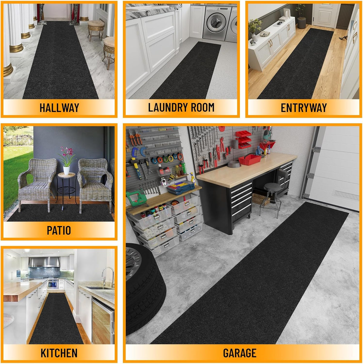 Ottomanson 2' x 20' Hallway Runner with Scraper Pile Extra Durable Non-Slip Rug Mat for Indoor & Outdoor Use - Ideal for Kitchen, Entryway, Patio & Garage - High-Traffic Carpet, Black