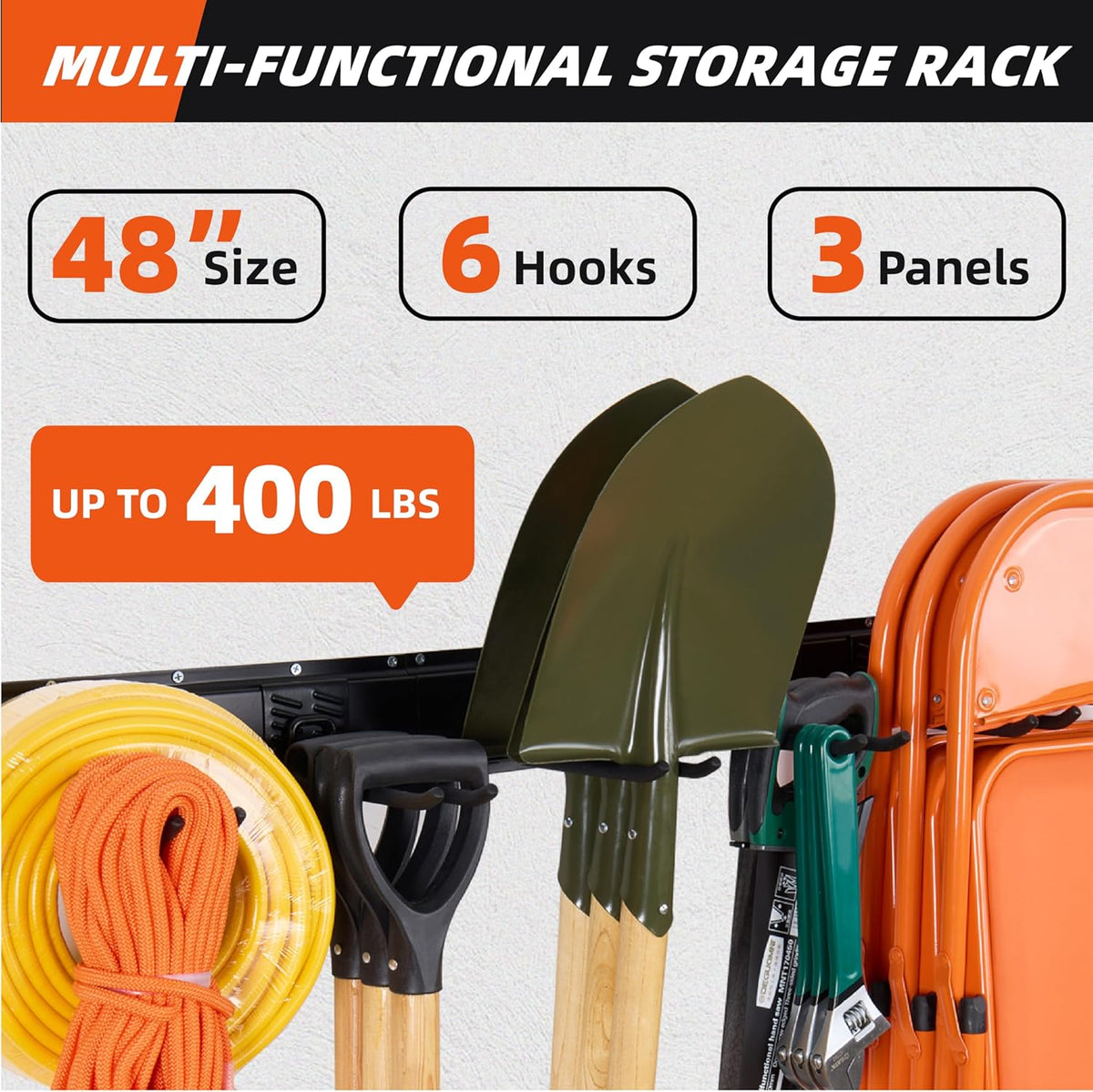 Garage Tool Organizer Wall Mount 48", Garage Wall Organizer 400 lbs, Heavy Duty Garages Organizers and Storage with Adjustable Hooks, Garden Tool Storage Rack for Shovels, Hoses, Ladders