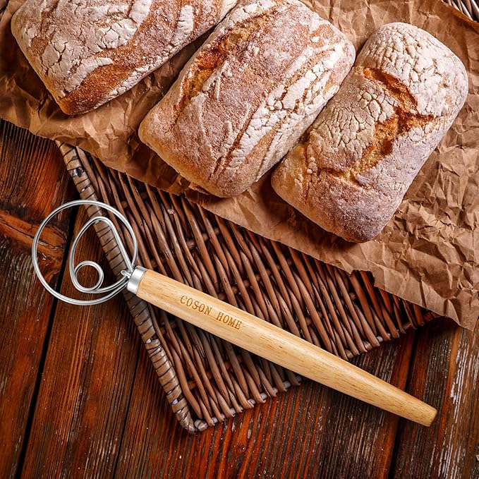 Pack of 2 Danish Dough Whisk, Kitchen Baking Flour Mixing Tool for Sourdough, Bread, Flour Paste, Butter, Pancake, Pizza, Cake, Pastry, Biscuits, Wooden Handle Stainless Steel Ring