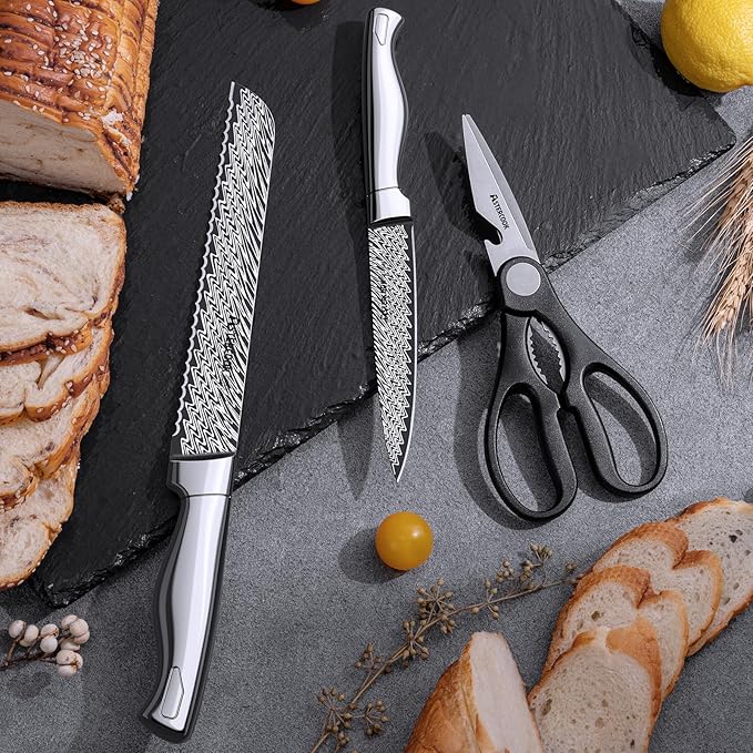 Knife Set, Astercook 15 Pieces Kitchen Knife Set with Built-in Sharpener, German Stainless Steel Knife Block Set, Razor-Sharp Knives with Full-tang Handle, Dishwasher Safe, Mothers Day Gifts