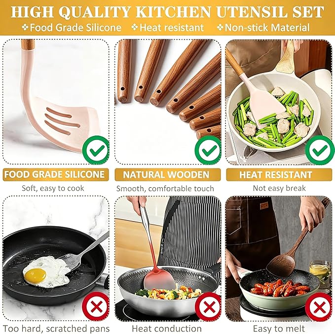 Thickened Silicone Cooking Utensils Set with Natural Wooden Handle- Umite Chef Khaki Kitchen Utensils Set, 34PCS Heat Resistant Kitchen Gadgets Tools Set, Kitchen Spatula Set for Nonstick Cookware