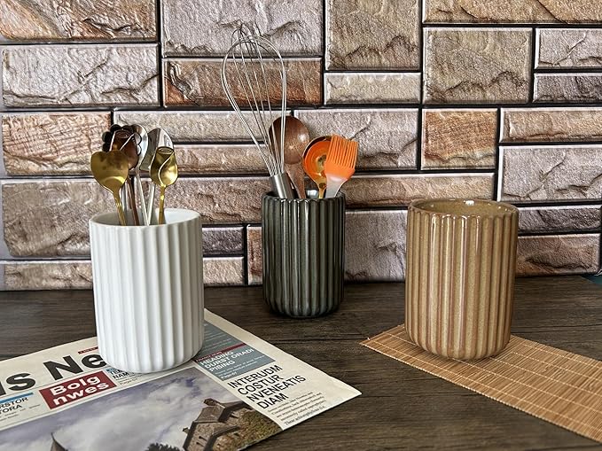 TOPYOKK Stoneware Coffee Bar Utensil Holder Tea & Coffee Spoon & Stirrer Holder for Stir Stick Straw Teaspoon Holder Spoon Cup Small Utensil Jar Fluted Vertical Stripe (Rustic Brown)