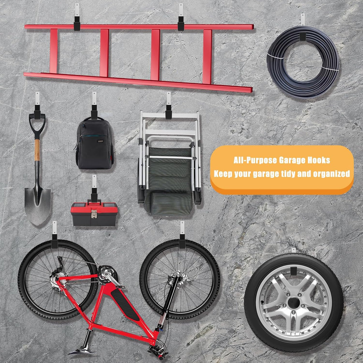 Heavy Duty Utility Hooks - Wall Mount for Garage Storage, Hose & Bike Hangers (2 Small & 2 Medium)