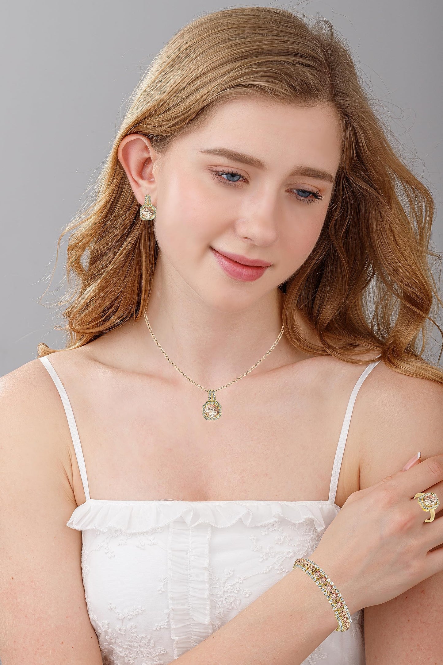 Paxuan 4pcs Cubic Zirconia Wedding Jewelry Sets for Bride Bridesmaid Cubic Zirconia Pendant Necklace Earrings Link Tennis Bracelet Open Ring Set for Women