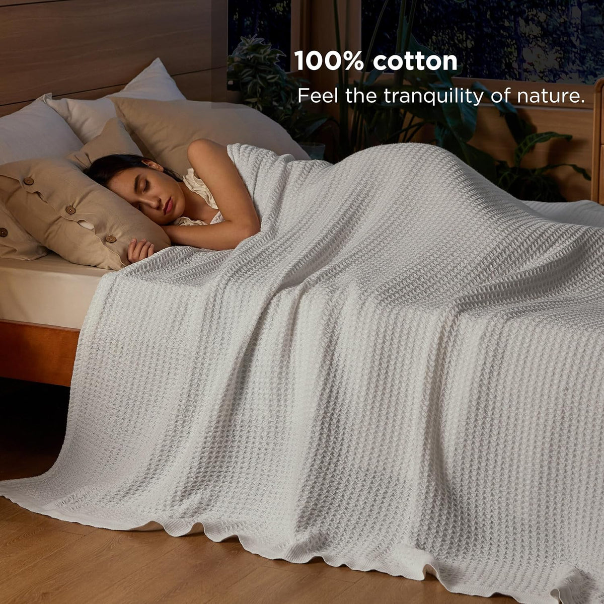 Bedsure 100% Cotton Blanket Queen Size for Bed - Breathable and Soft, Waffle Weave Blanket for Summer, Thick Cozy Fall Blankets for Women Gift, White, 90x90 Inches